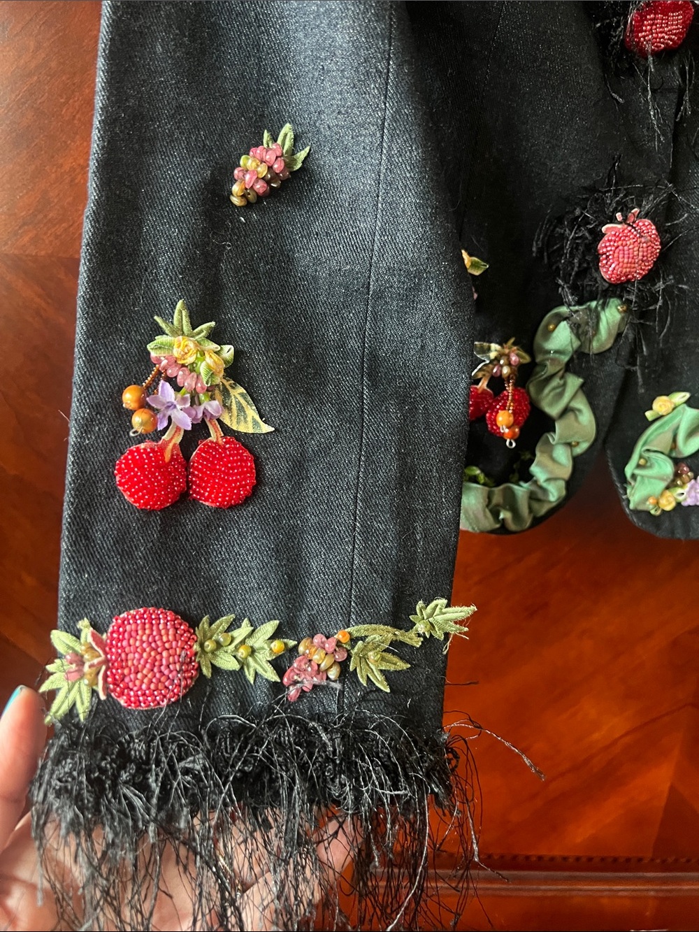 RARE MARY FRANCES Black Denim Jacket with Beaded/Embellished Fruits Size Small - Picture 6 of 16